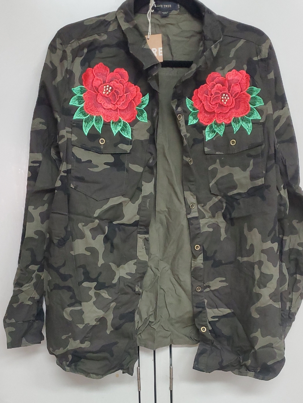 Love Tree Camo Button-Down Shirt with Red Floral Embroidery
